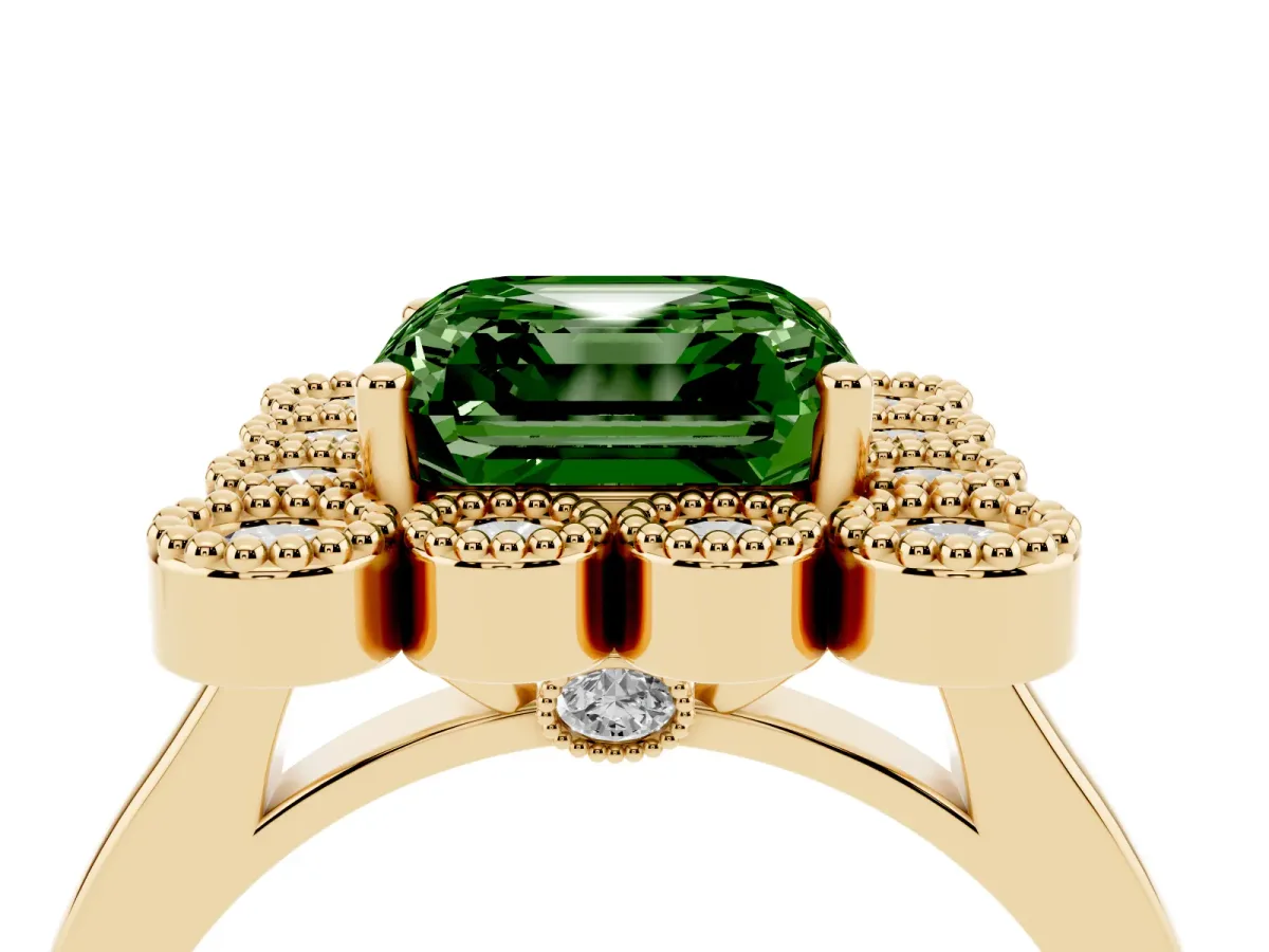 Fancy Green Asscher Cut Halo Diamond Cluster Engagement Ring with Milgrain Bezel Setting and Solitaire Band Yellow gold