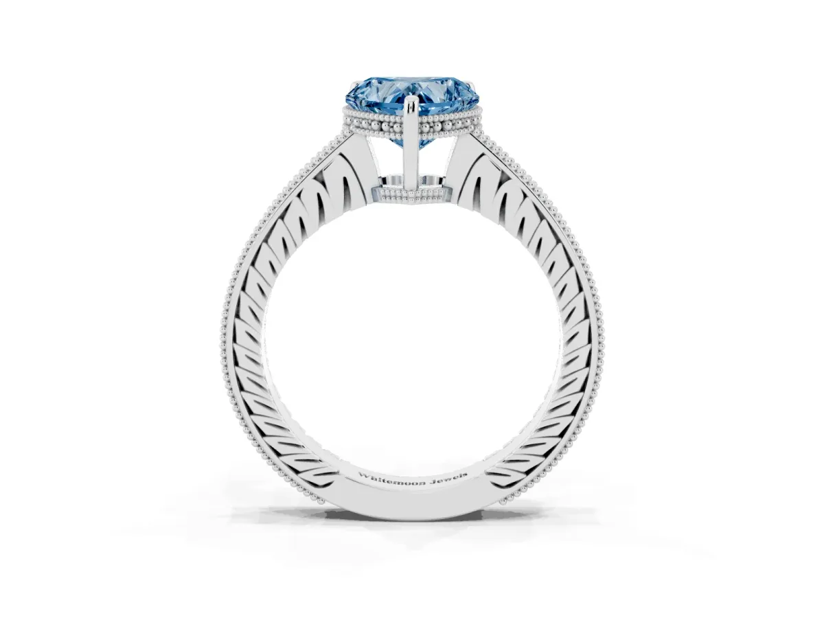 Fancy Blue Heart Cut Solitaire Pavé Diamond Milgrain Engagement Ring with Four-Prong Setting Silver