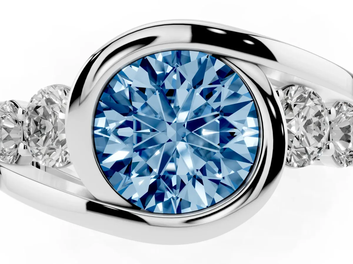 Fancy Blue Bezel Set Round Cut Diamond Bypass Ring with Round Accents Platinum