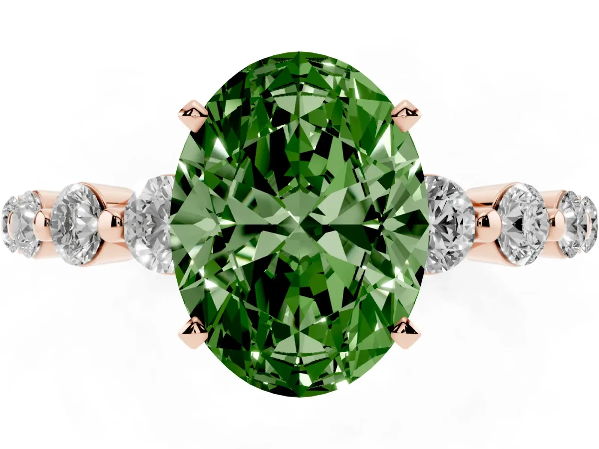 Fancy Green Oval Cut Solitaire Diamond Ring with Pave Band and Four-Prong Setting Rose gold