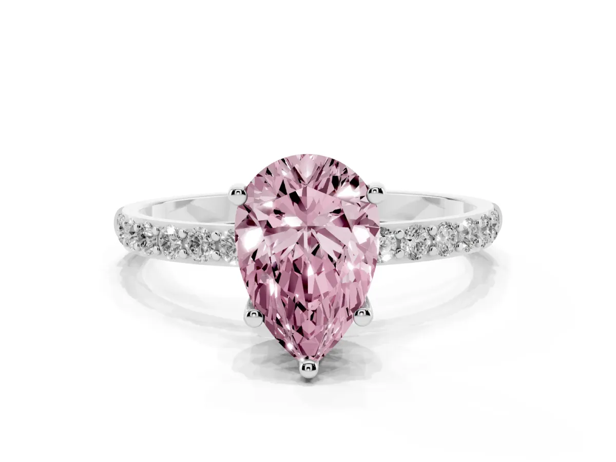 Fancy Pink Pear Cut Diamond Solitaire Ring with Round Pavé Shoulders and Prong Setting Silver