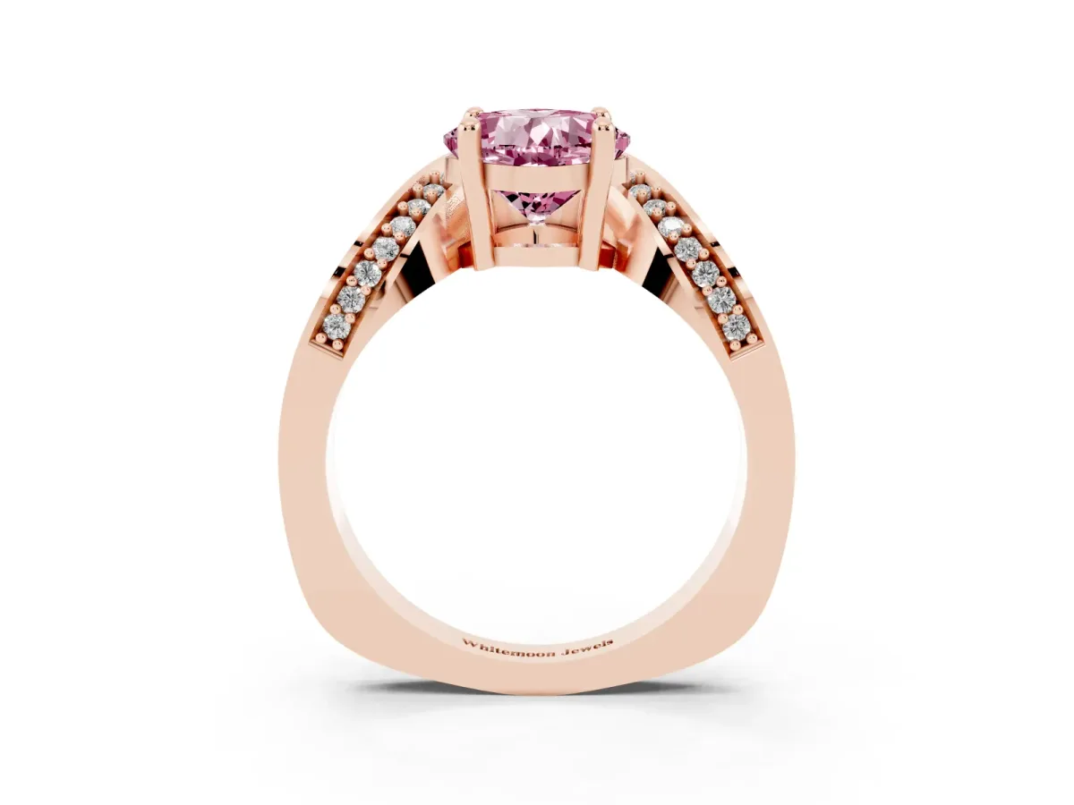 Fancy Pink Cushion Cut Solitaire Diamond Engagement Ring with Pave Band and Four-Prong Setting Rose gold