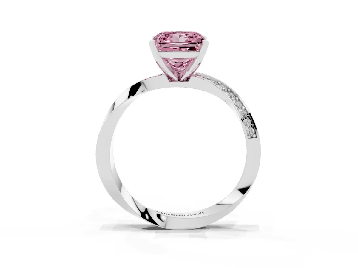Fancy Pink Princess Cut Diamond Engagement Ring with Side Stone Accents and Four-Prong Setting Platinum