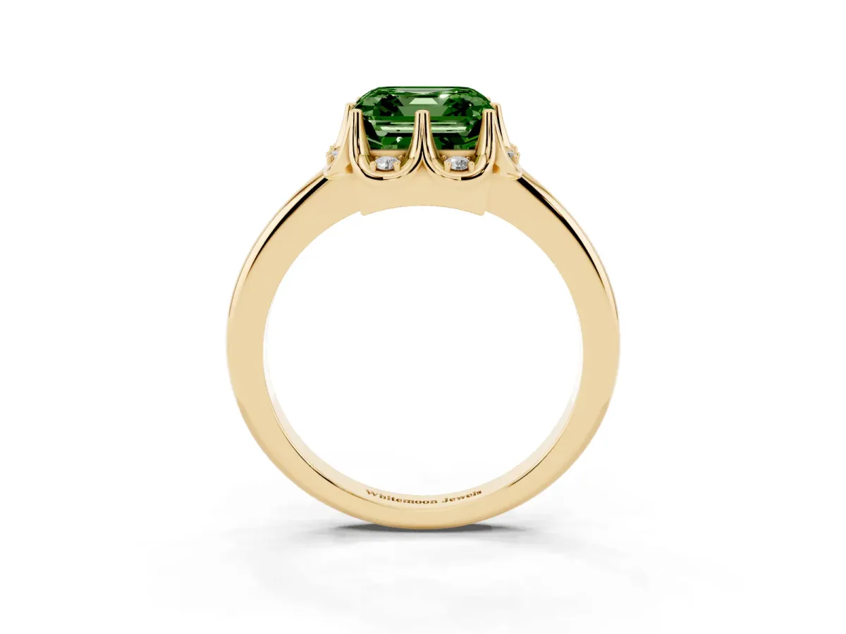 Fancy Green Asscher Cut Halo Diamond Ring with Round Cluster Setting, Solitaire Band, and Four-Prong Setting Yellow gold