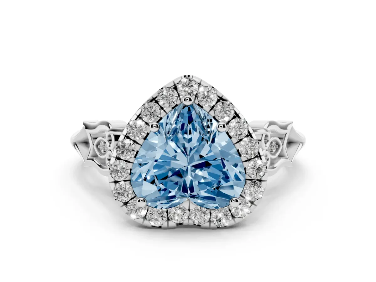 Fancy Blue Heart Cut Halo Diamond Engagement Ring with Filigree Band and Four-Prong Setting Silver