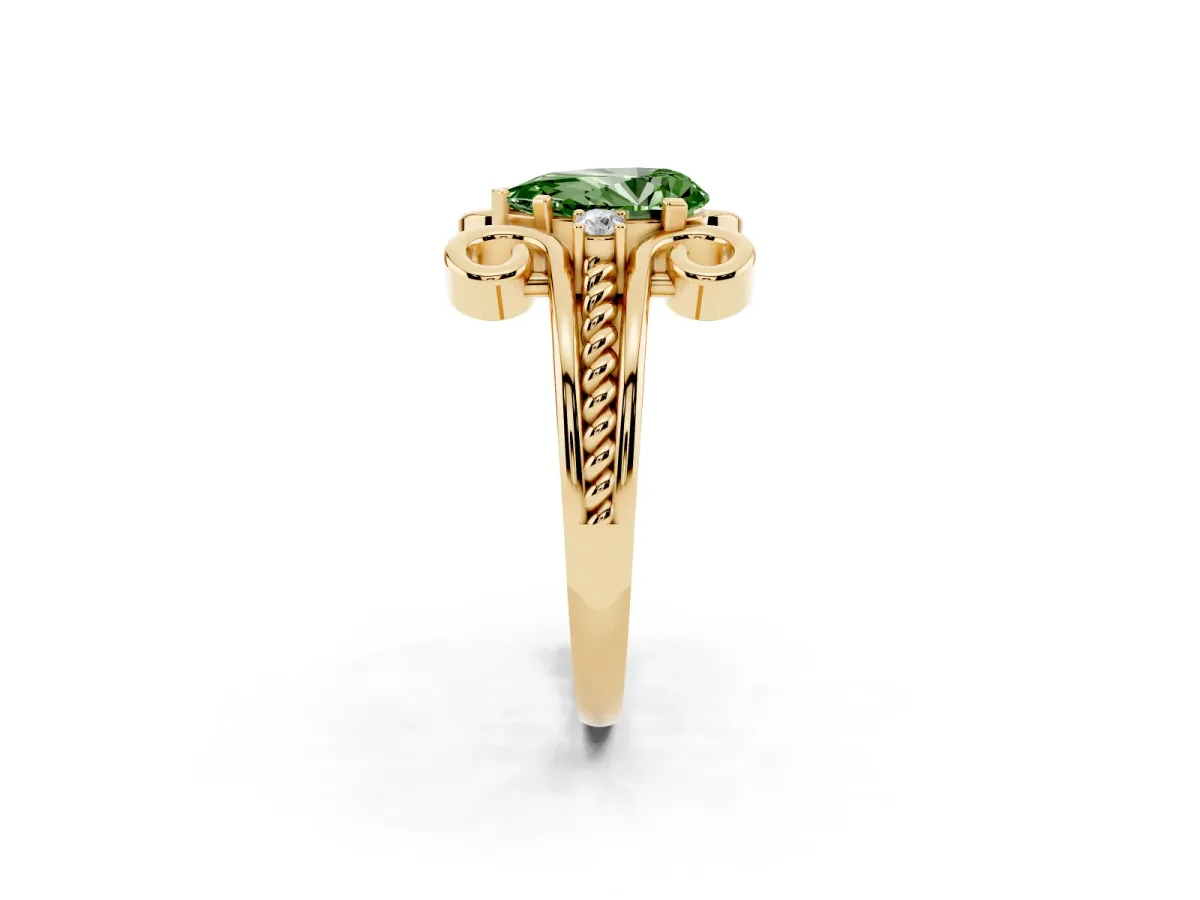 Fancy Green Pear Cut Solitaire Twisted Band Scroll Prong Ring Yellow gold