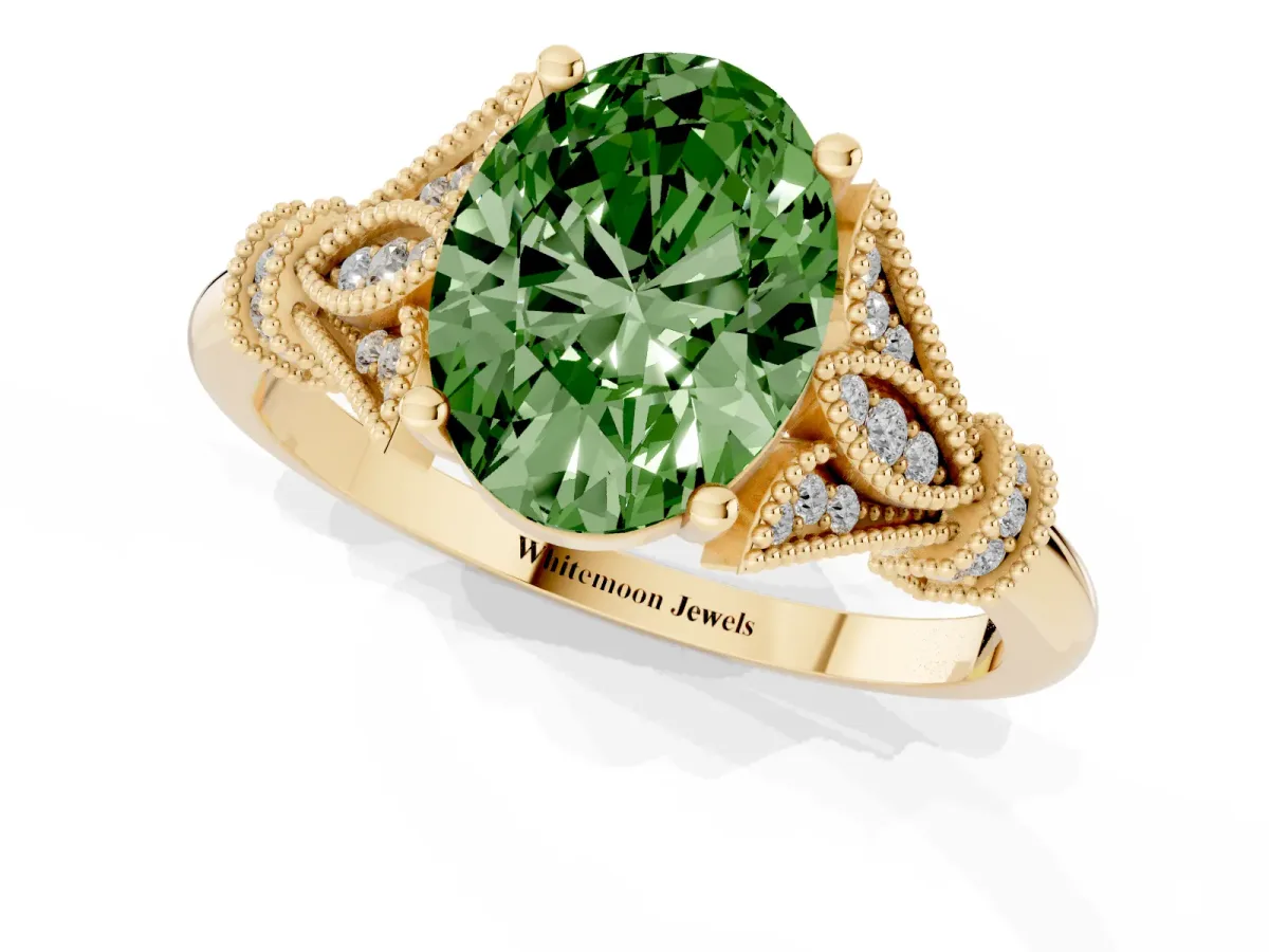 Fancy Green Oval Cut Diamond Solitaire Ring with Floral Filigree and Pave Accents Yellow gold