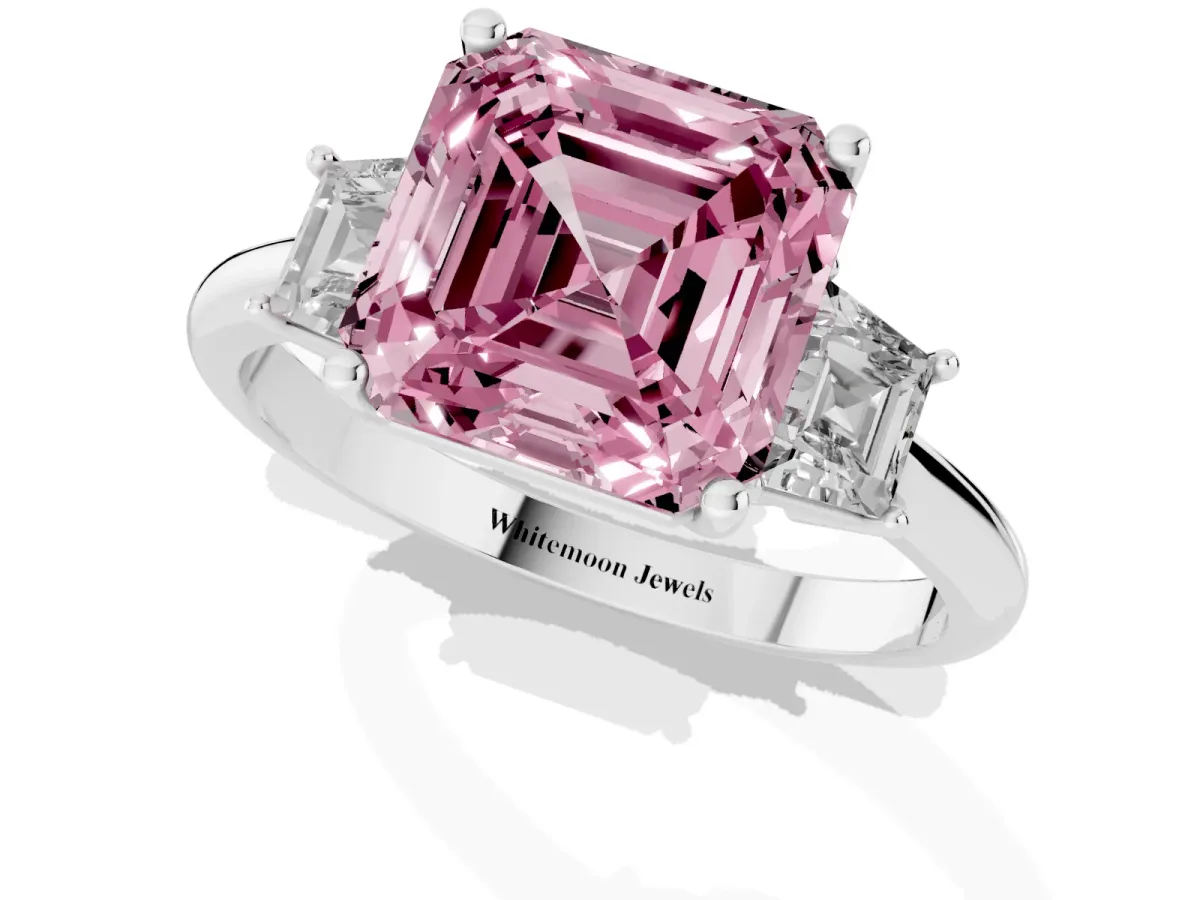 Fancy Pink Asscher Cut Diamond Three-Stone Ring with Trapezoid Side Stones and Prong Setting Silver