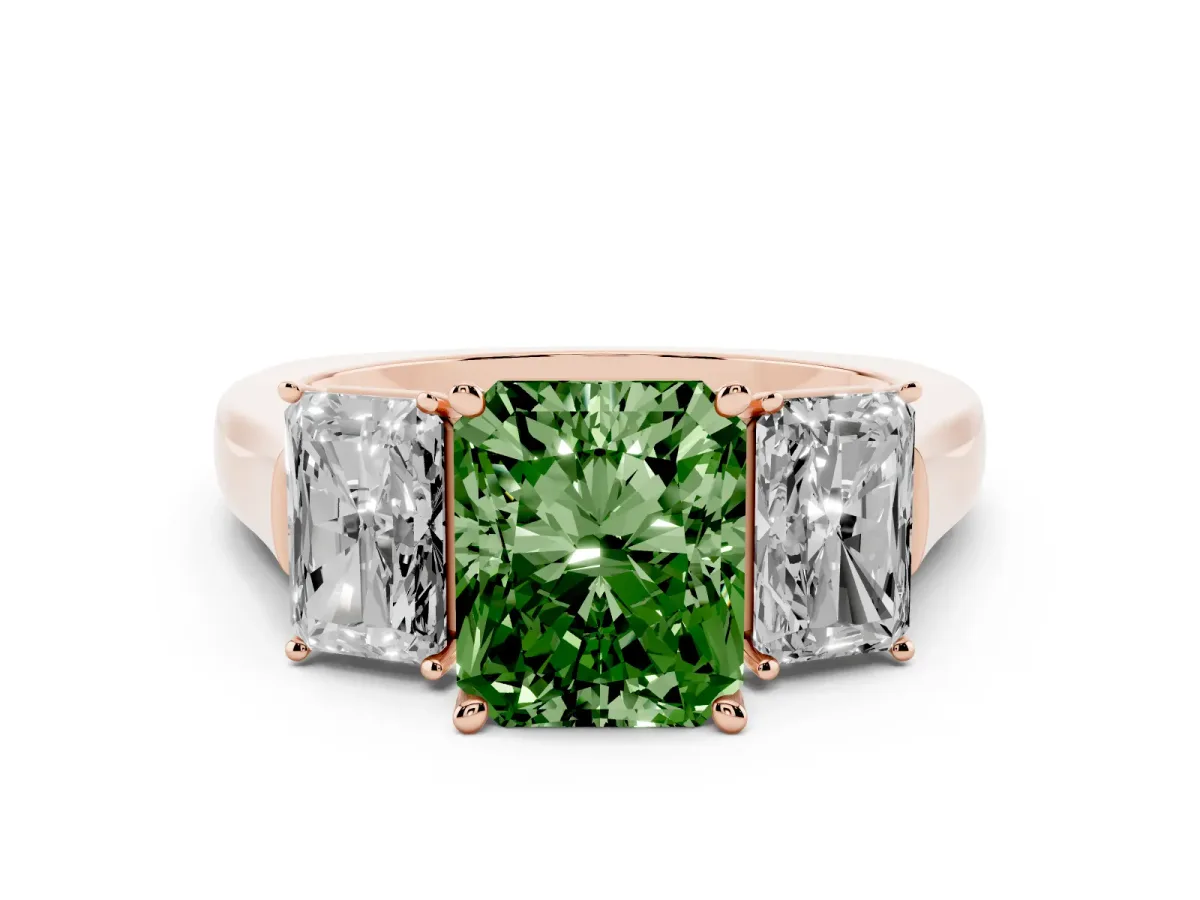 Fancy Green Three-Stone Radiant Cut Brilliant Diamond Trellis Ring with Comfort Fit Band Rose gold