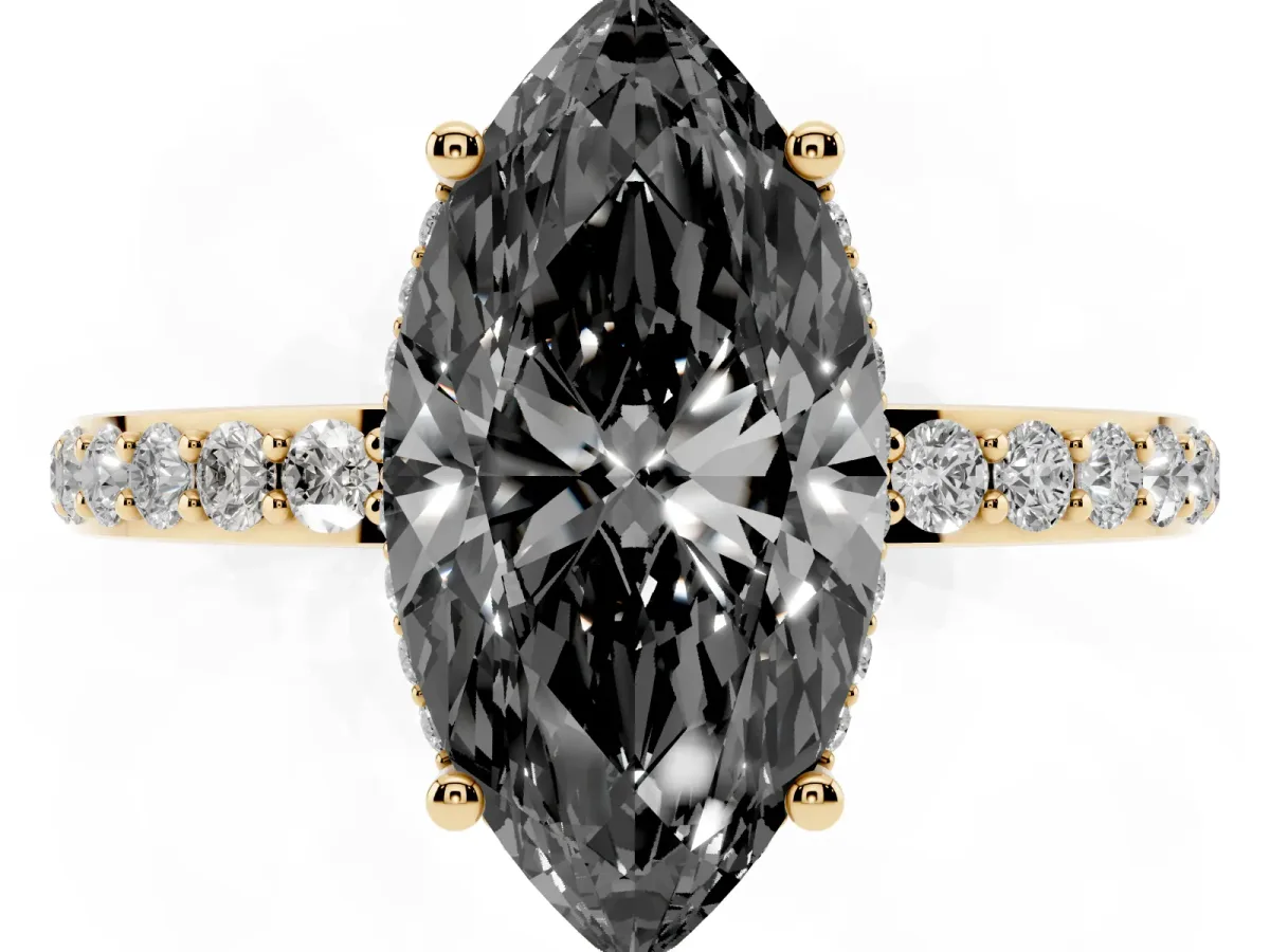 Fancy Black Marquise Cut Diamond Solitaire Ring with Pavé Band and Hidden Halo Yellow gold