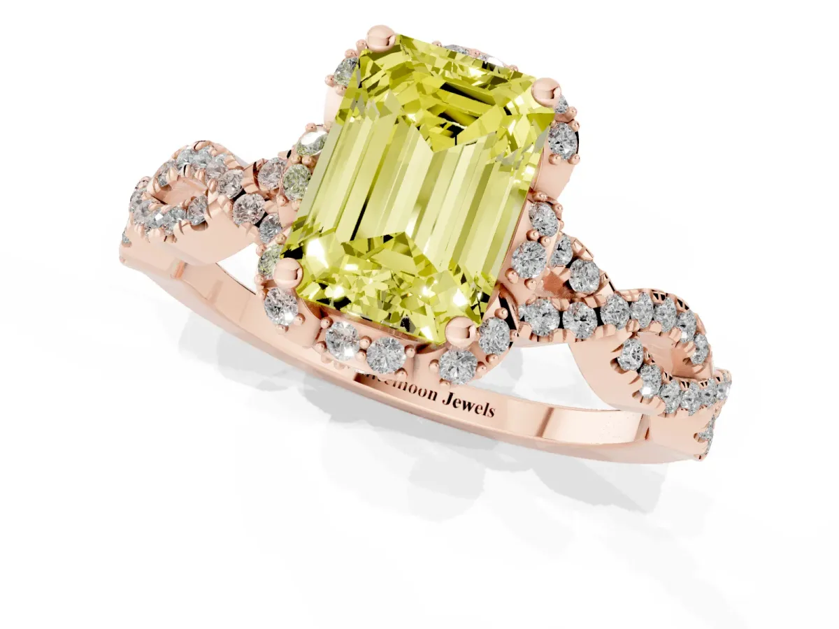 Fancy Yellow Emerald Cut Halo Twist Band Solitaire Ring with Six-Prong Setting Rose gold