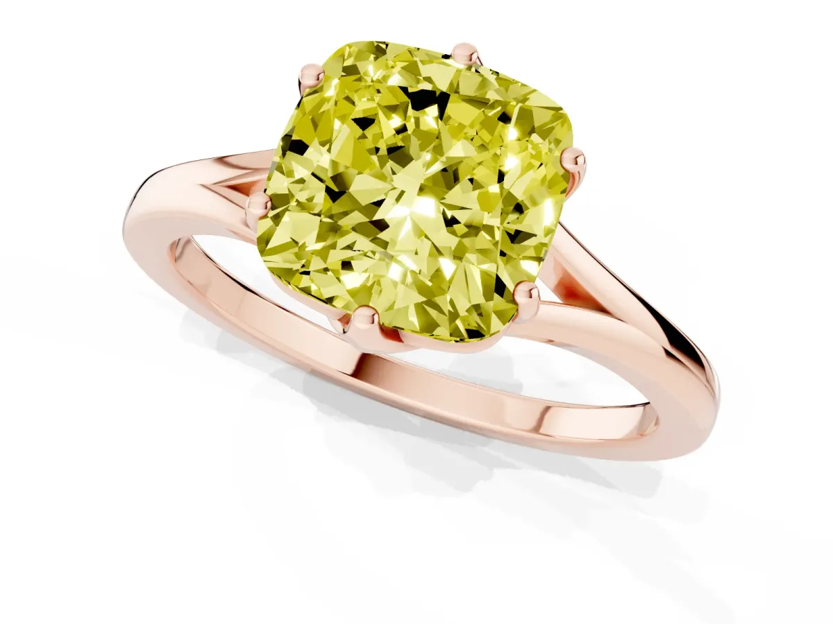 Fancy Yellow Cushion Cut Solitaire Diamond Ring with Six-Prong Setting and Tapered Band Rose gold