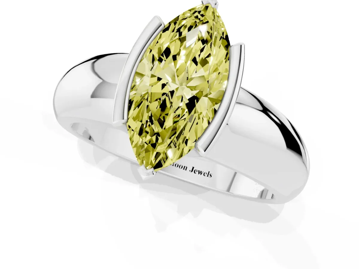 Fancy Yellow Marquise Cut Solitaire Tension Set Diamond Ring with Wide Band White gold