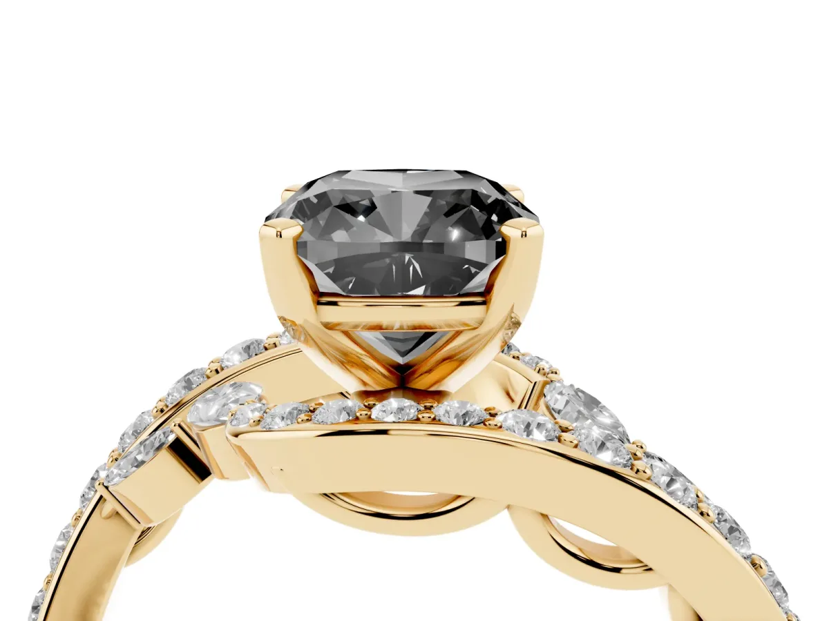 Fancy Black Cushion Cut Diamond Solitaire Ring with Filigree Band and Four-Prong Setting Yellow gold