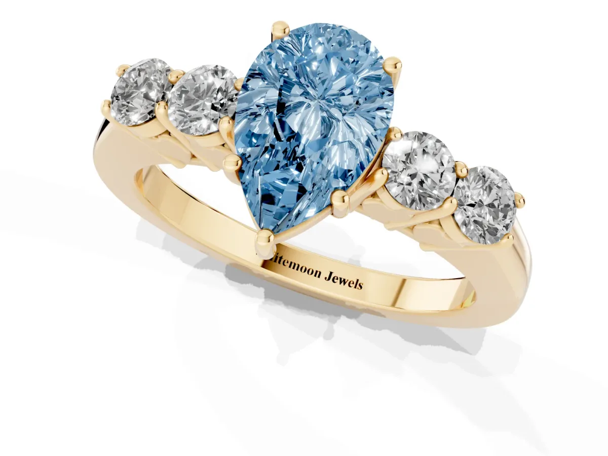 Fancy Blue Pear Cut Cut Diamond Five-Stone Prong Set White Gold Ring Yellow gold