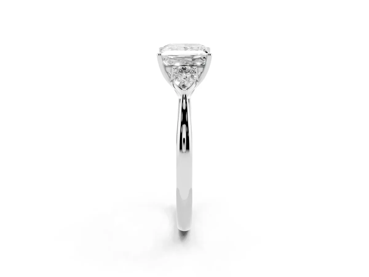 Three-Stone Princess Cut Diamond Ring with Pear Side Stones in Four-Prong Setting Silver