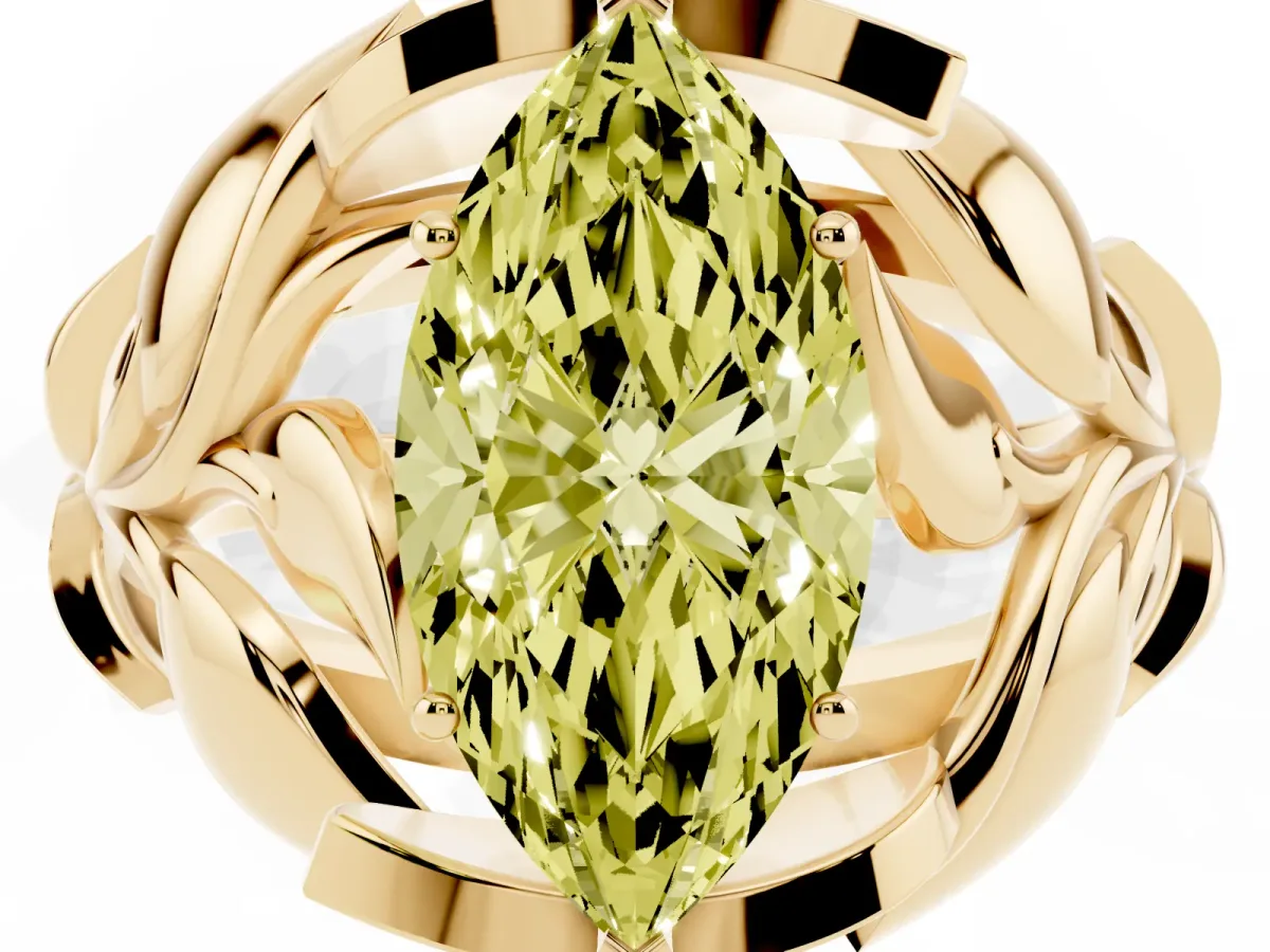 Fancy Yellow Marquise Cut Diamond Leaf-Inspired Engagement Ring with Round Accents and Prong Setting Yellow gold