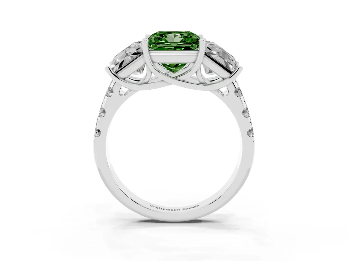 Fancy Green Three-Stone Princess Cut Diamond Pavé Band with Prong Setting Silver