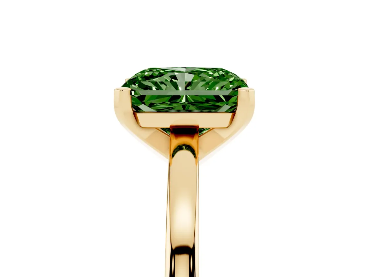 Fancy Green Radiant Cut Solitaire Diamond Engagement Ring with Four-Prong Setting on a Classic Band Yellow gold