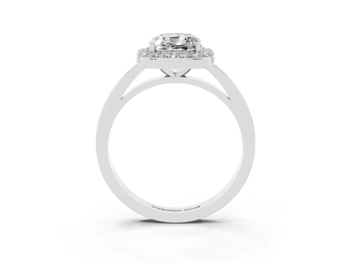 Cushion Cut Halo Diamond Ring with Solitaire Band and Prong Setting Silver