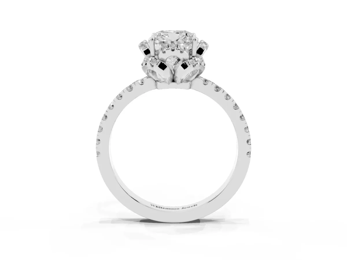 Cushion Cut Halo Diamond Pave Band Ring with Four-Prong Setting Silver