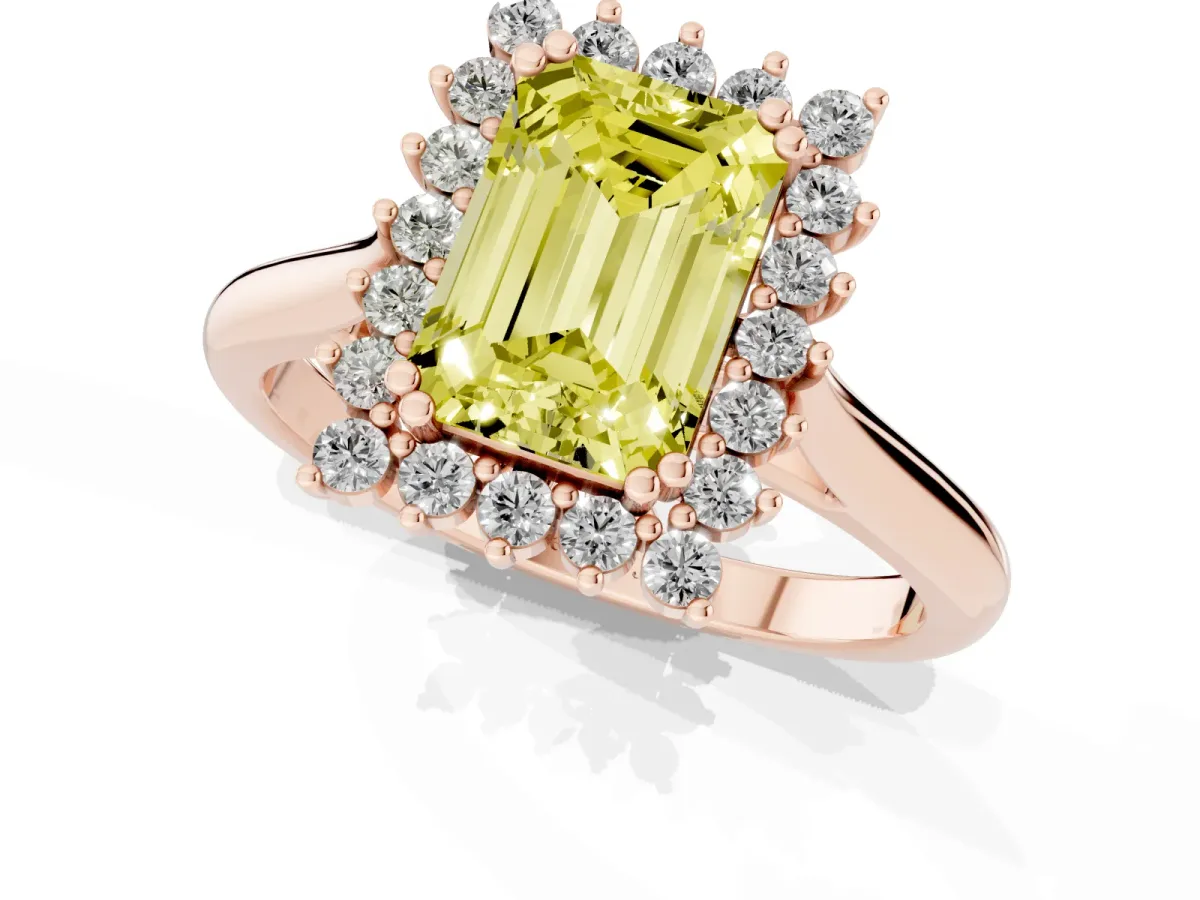 Fancy Yellow Emerald Cut Cut Diamond Halo Ring with Solitaire Band and Prong Setting Rose gold