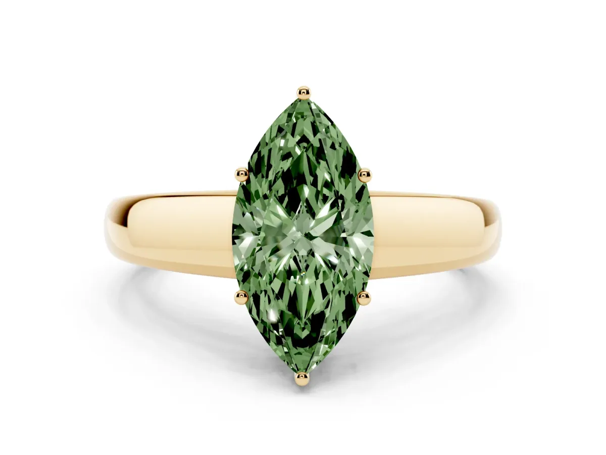 Fancy Green Marquise Cut Solitaire Diamond Ring with Tapered Band and Four-Prong Setting Yellow gold