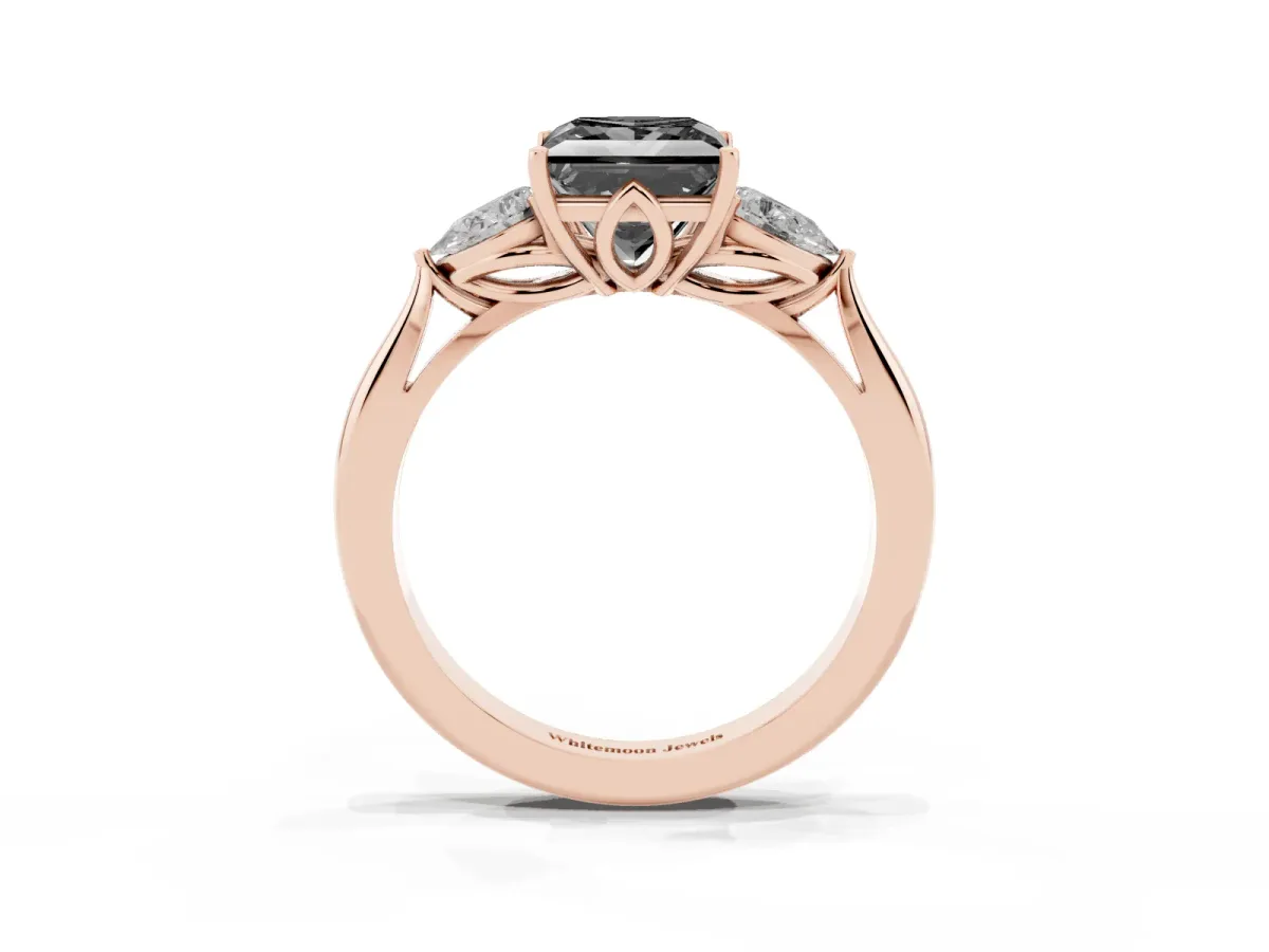 Fancy Black Three-Stone Princess Cut Brilliant Diamond Solitaire Ring with Tapered Band and Four-Prong Setting Rose gold