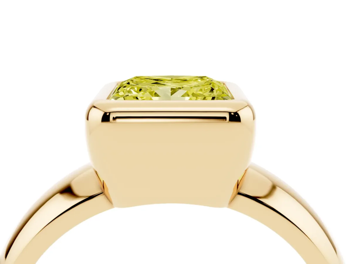 Fancy Yellow Bezel Set Princess Cut Solitaire Ring with Wide Band Yellow gold