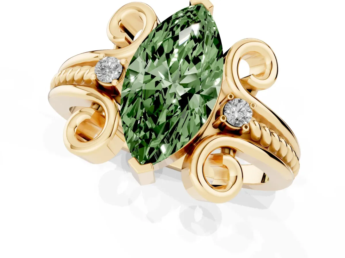 Fancy Green Marquise Cut Solitaire Twisted Band Scroll Prong Ring Yellow gold