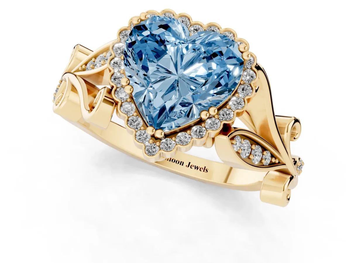 Fancy Blue Heart Cut Diamond Halo Ring with Vintage Split Shank and Four-Prong Setting Yellow gold
