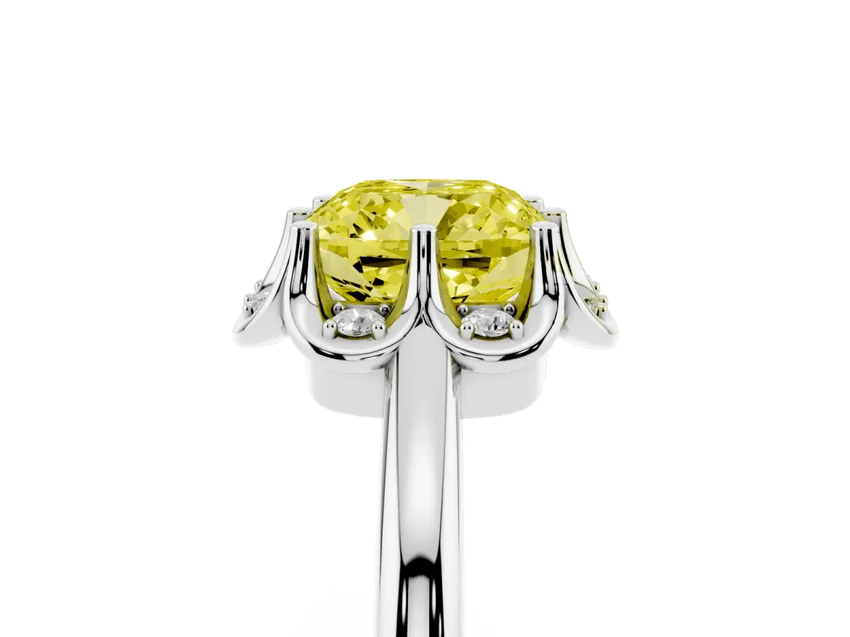 Fancy Yellow Cushion Cut Halo Diamond Ring with Round Cluster Setting, Solitaire Band, and Four-Prong Setting Platinum