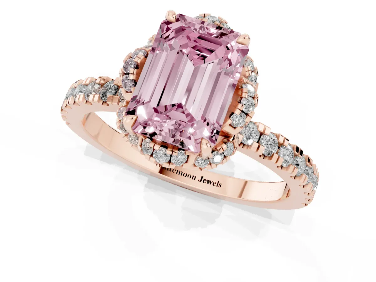 Fancy Pink Emerald Cut Diamond Halo Pave Band with Four-Prong Setting Rose gold