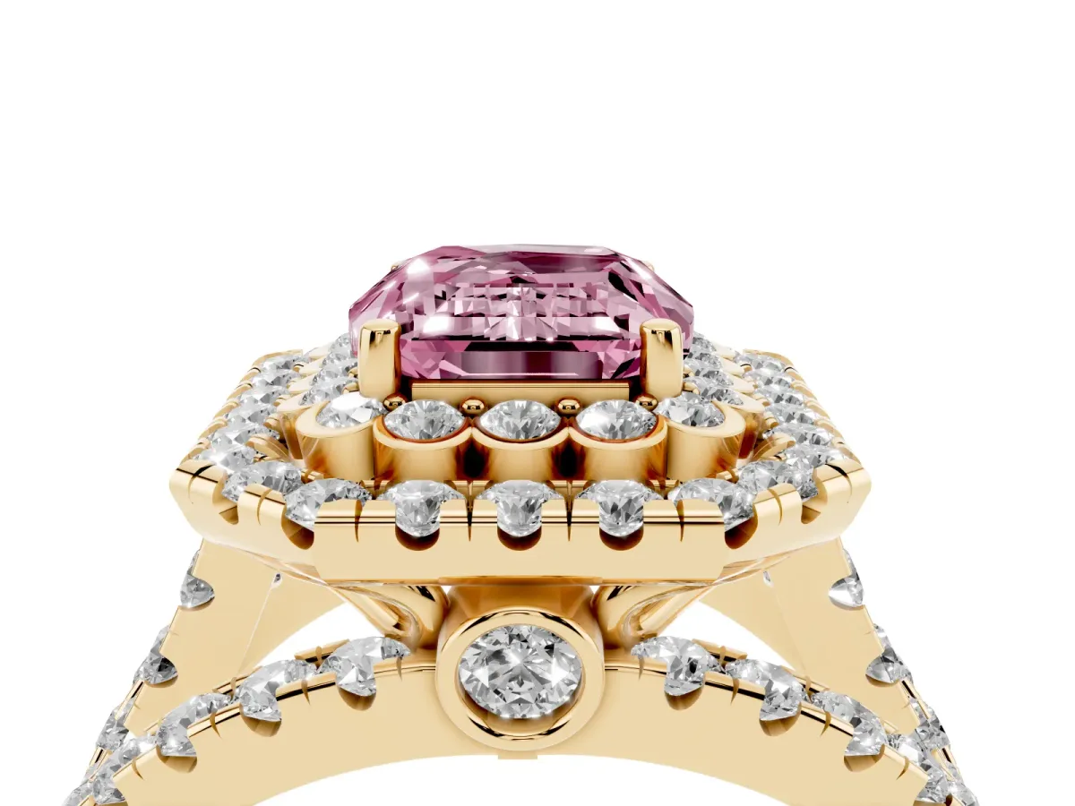 Fancy Pink Emerald Cut Diamond Double Halo Ring with Round Pavé Split Shank and Prong Setting Yellow gold