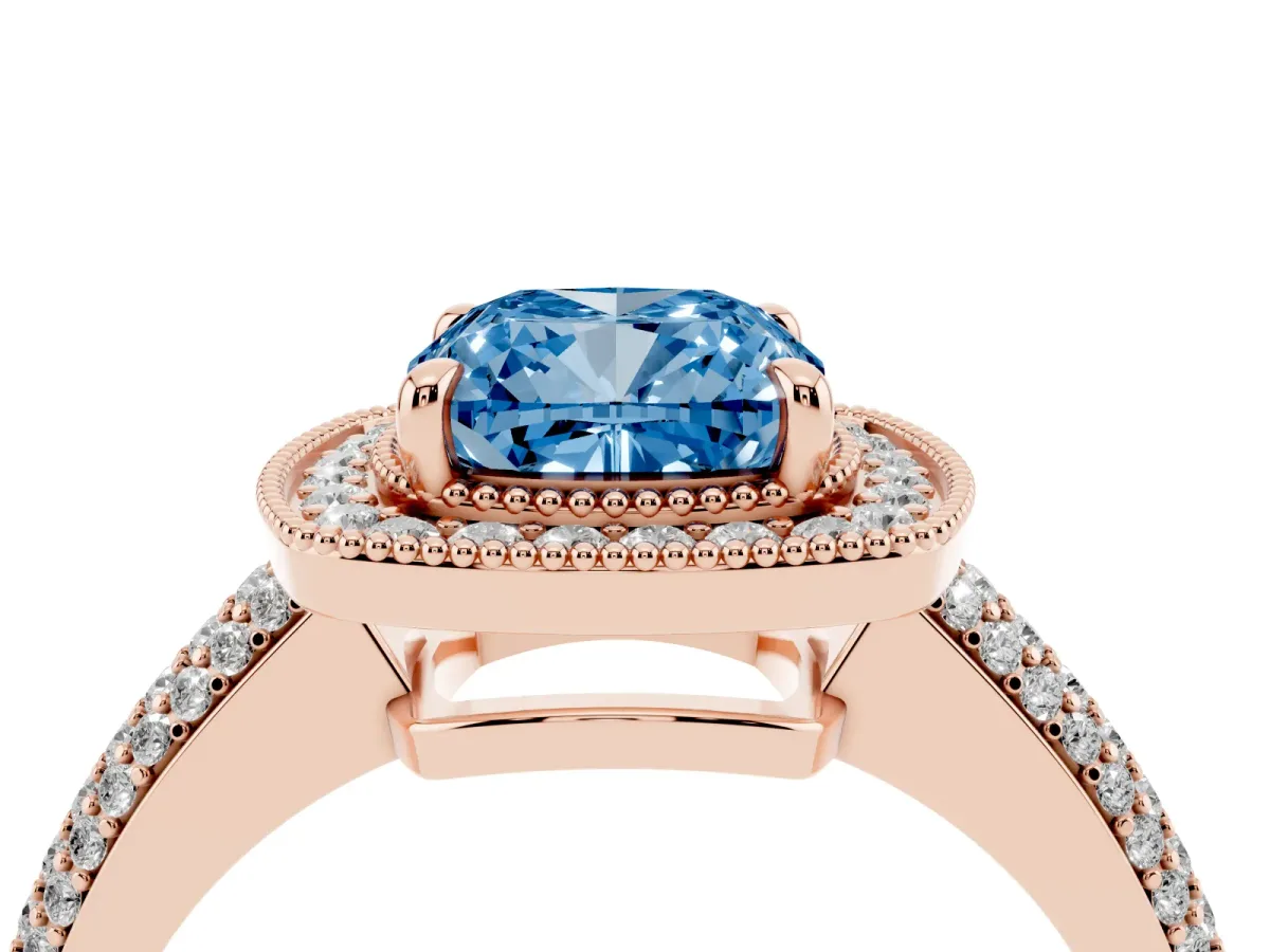 Fancy Blue Cushion Cut Cut Halo Diamond Pave Band with Four-Prong Setting Rose gold