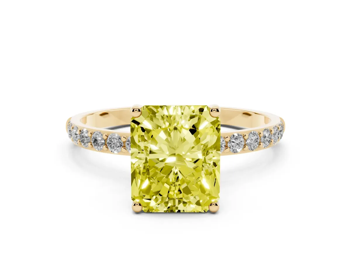 Fancy Yellow Radiant Cut Diamond Solitaire Ring with Round Pavé Shoulders and Prong Setting Yellow gold