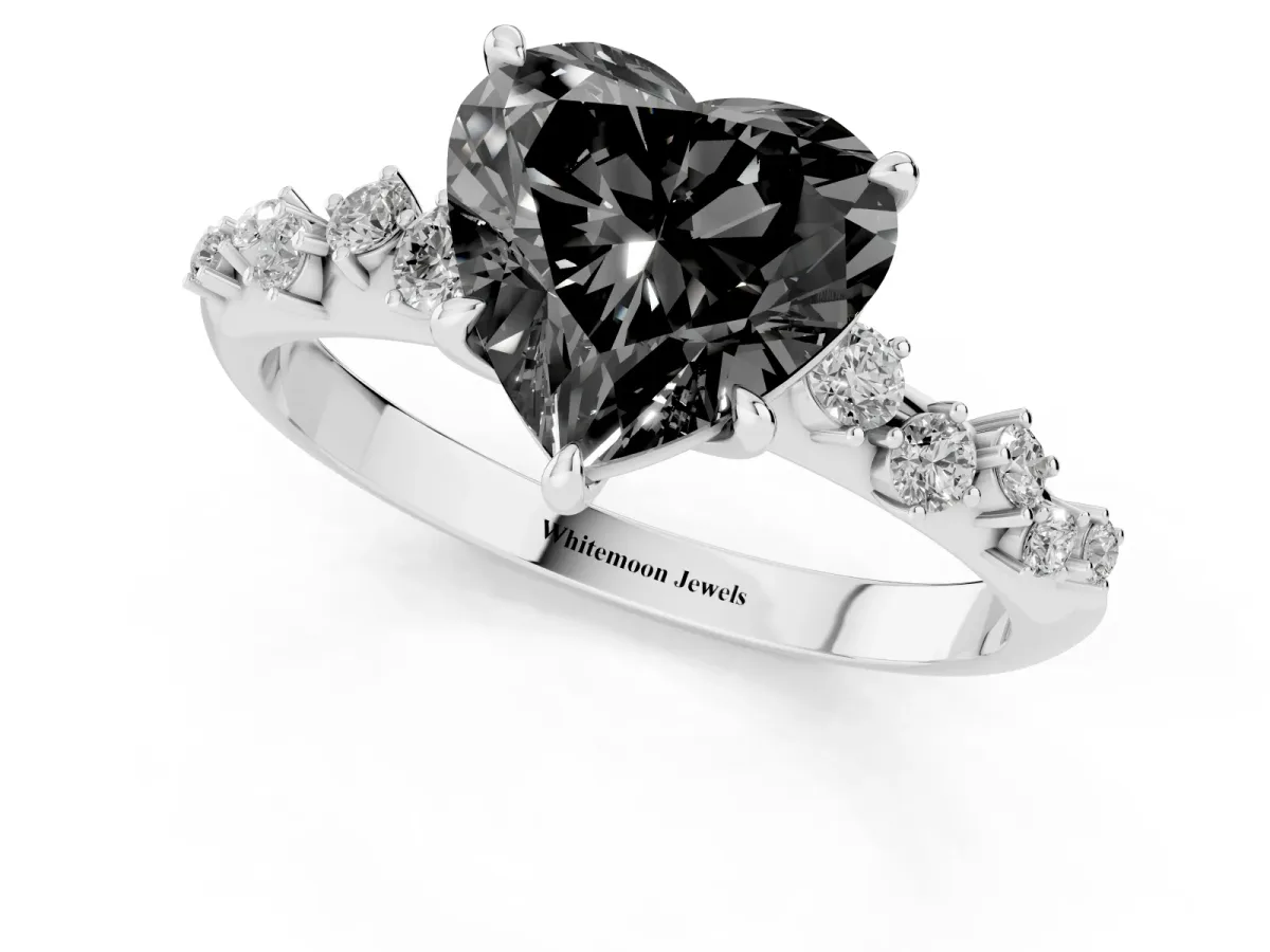 Fancy Black Heart Cut Diamond Cluster Side Stone Solitaire Ring with Prong Setting Silver