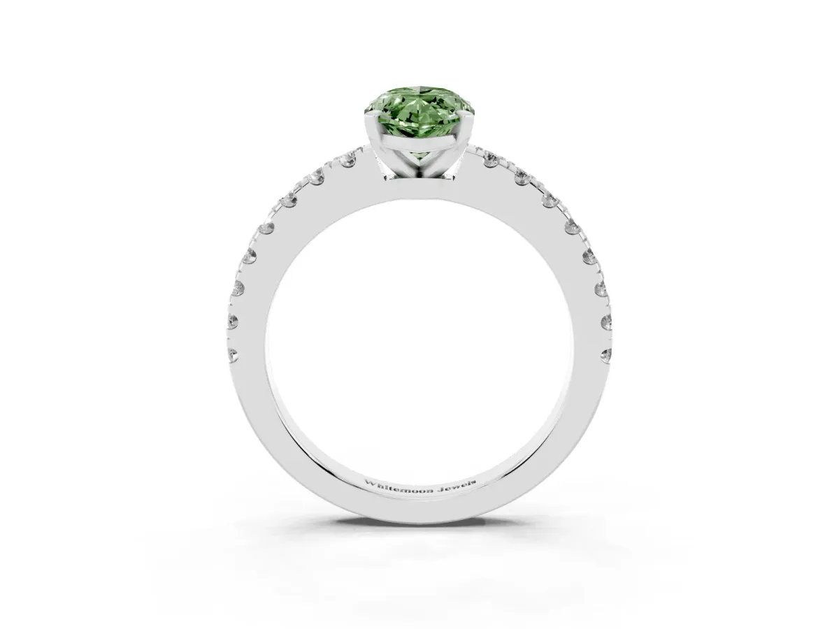 Fancy Green Marquise Cut Solitaire Diamond with Pavé Band and Four-Prong Setting White gold