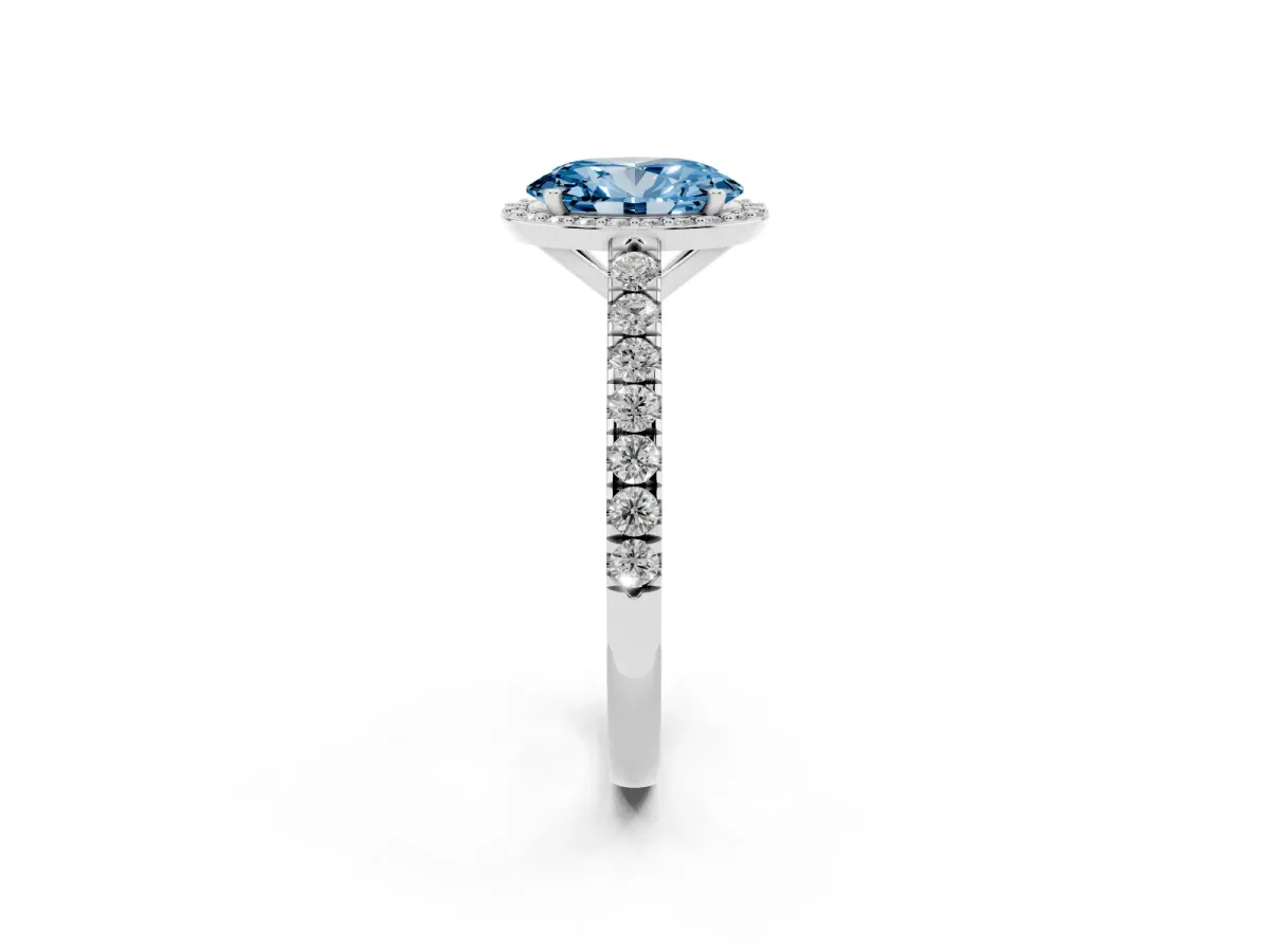 Fancy Blue Oval Cut Cut Halo Diamond Engagement Ring with Pave Band and Four-Prong Setting Silver