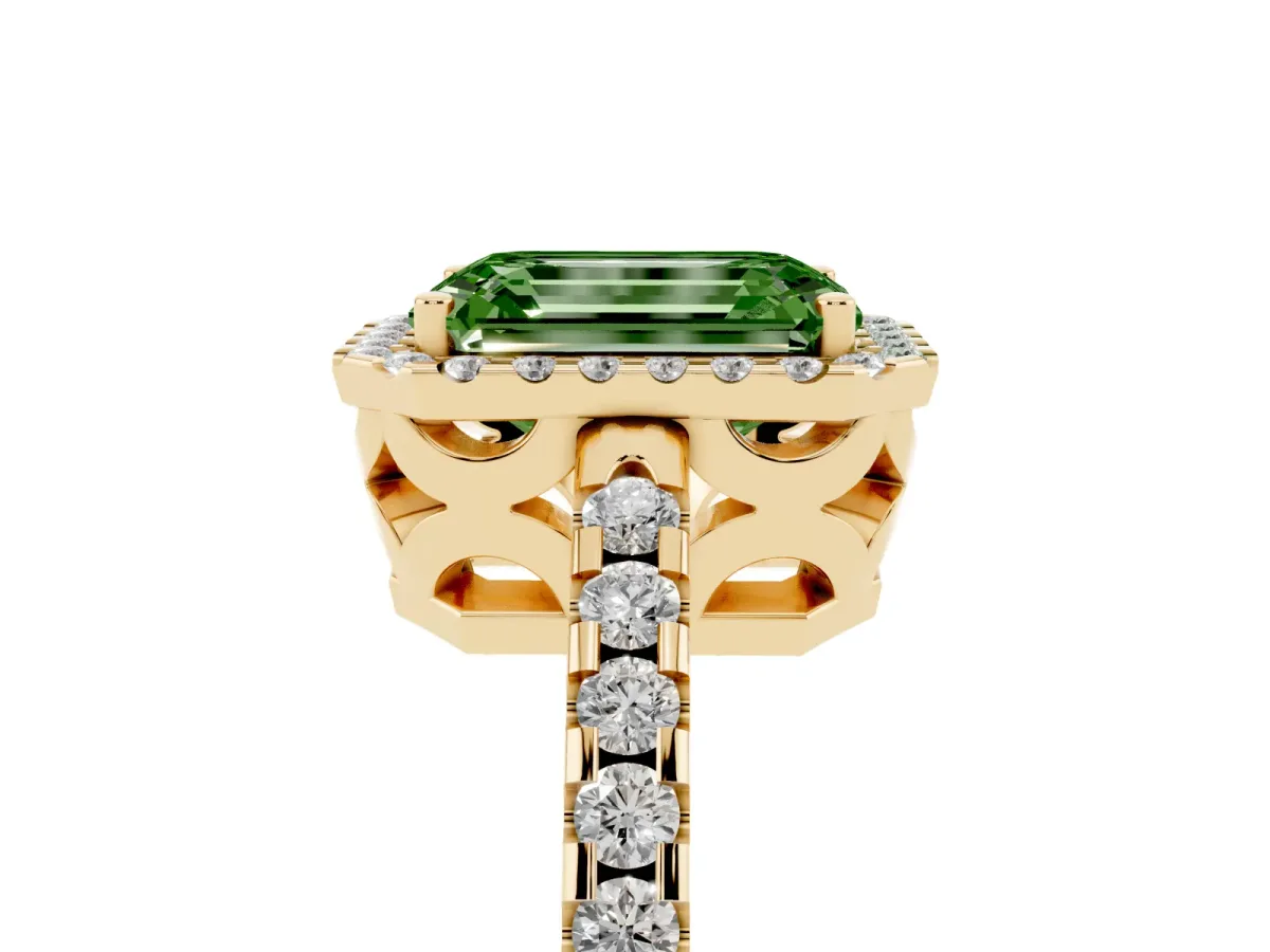 Fancy Green Emerald Cut Diamond Halo Engagement Ring with Pavé Band and Prong Setting Yellow gold