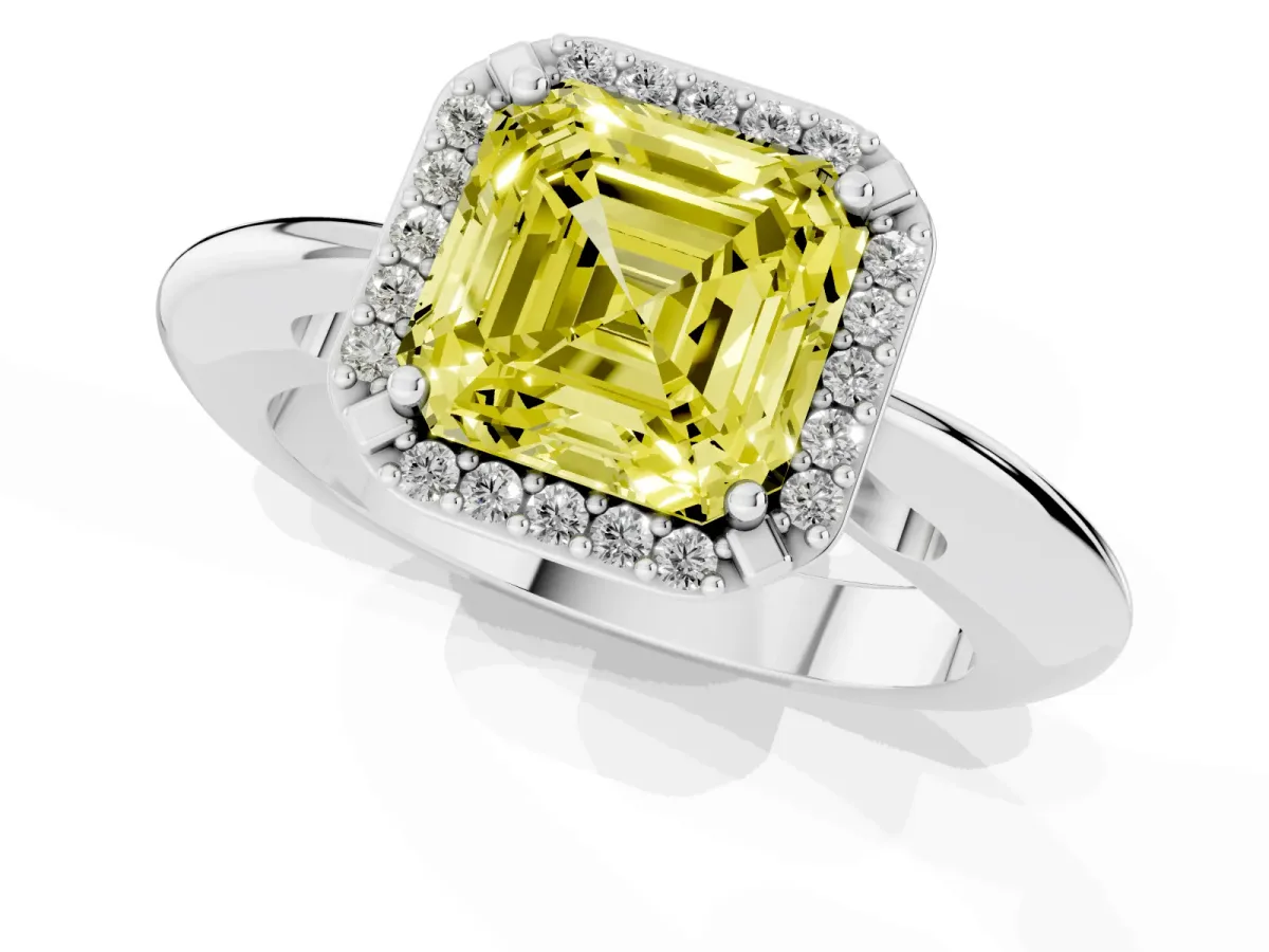 Fancy Yellow Asscher Cut Cut Diamond Halo Engagement Ring with Split Shank and Four-Prong Setting Silver