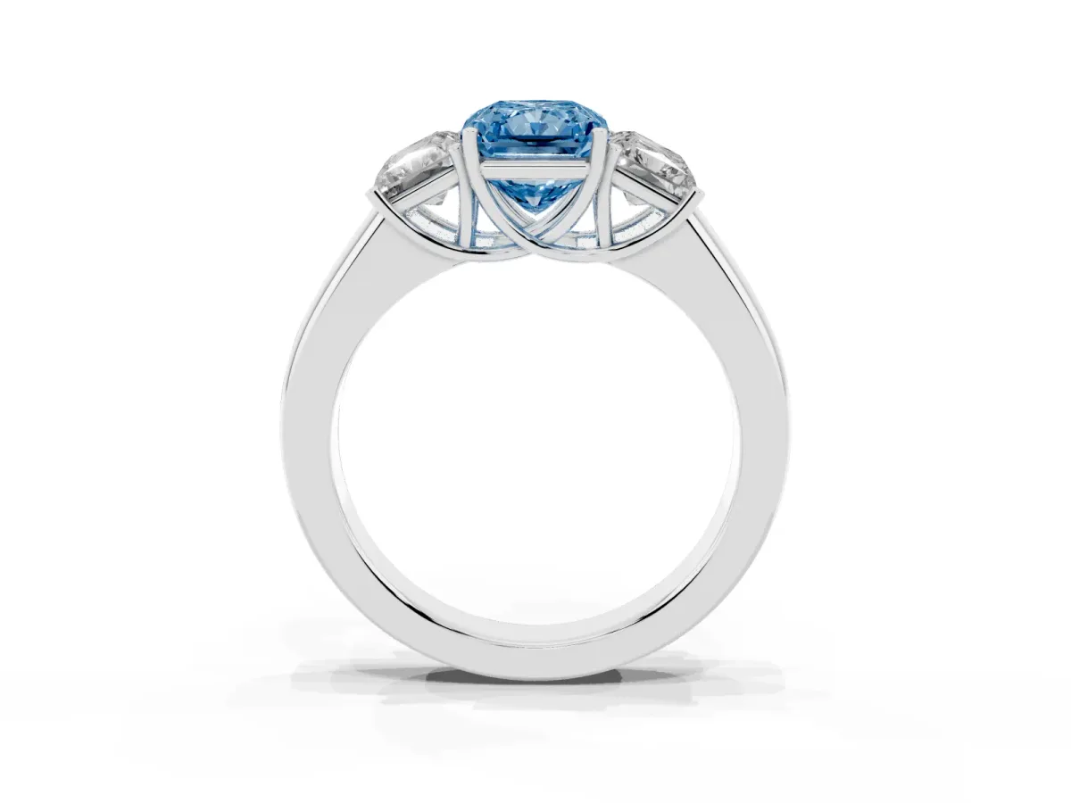 Fancy Blue Three-Stone Radiant Cut Cut Diamond Ring with Prong Setting and Classic Band Silver