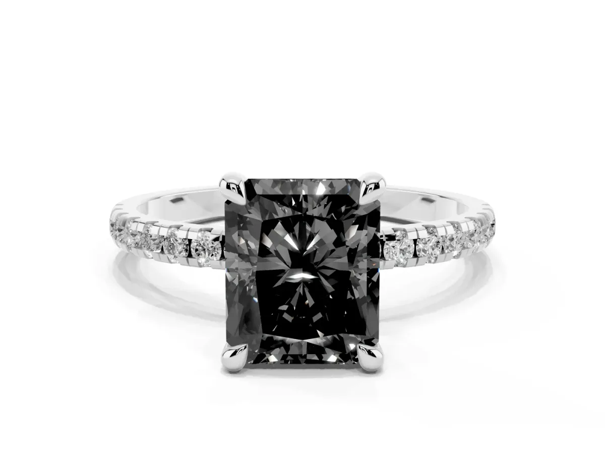 Fancy Black Radiant Cut Diamond Brilliant Solitaire Ring with Pavé Band and Four-Prong Setting Silver