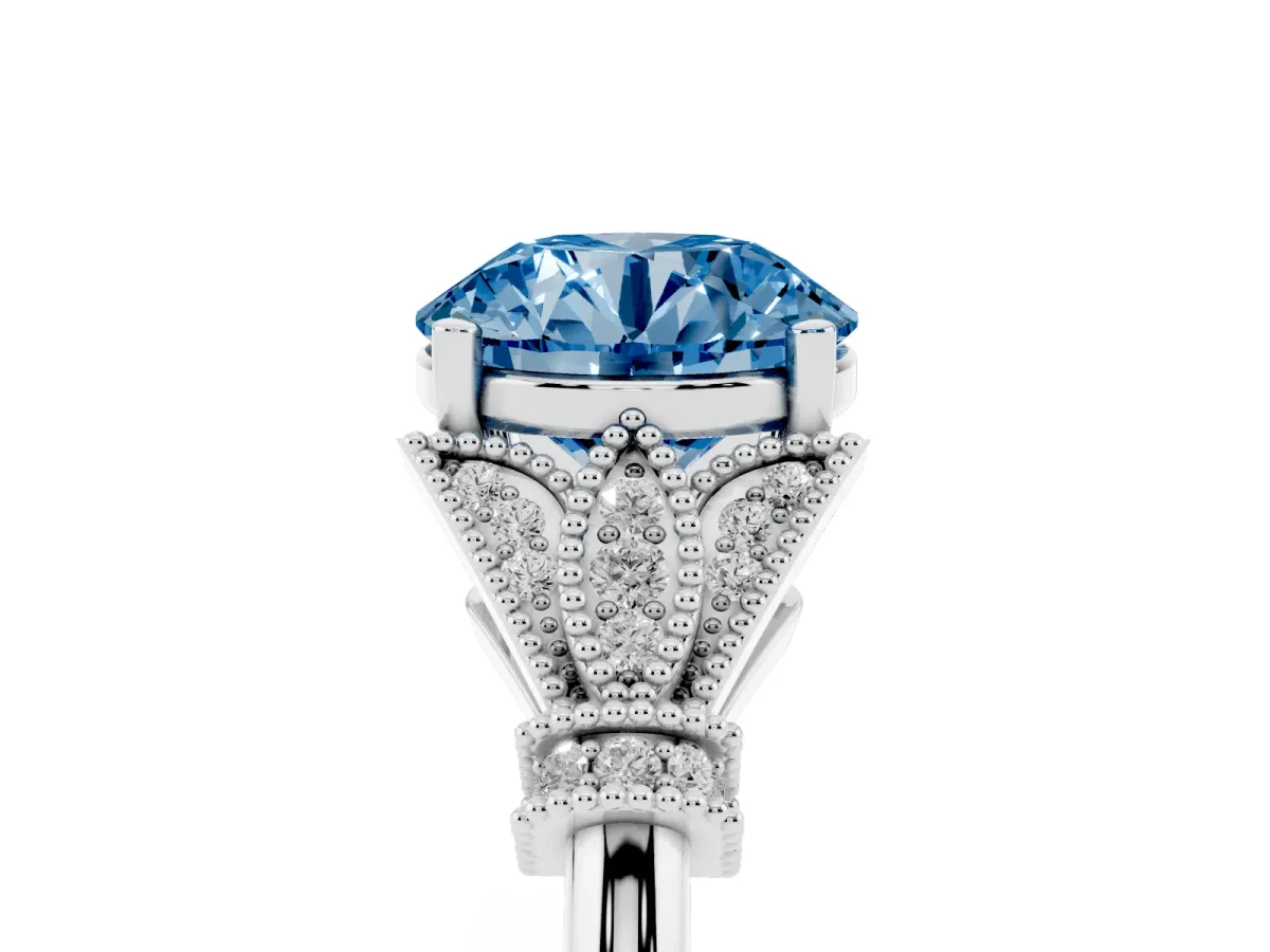 Fancy Blue Round Cut Diamond Solitaire Ring with Floral Filigree and Pave Accents White gold