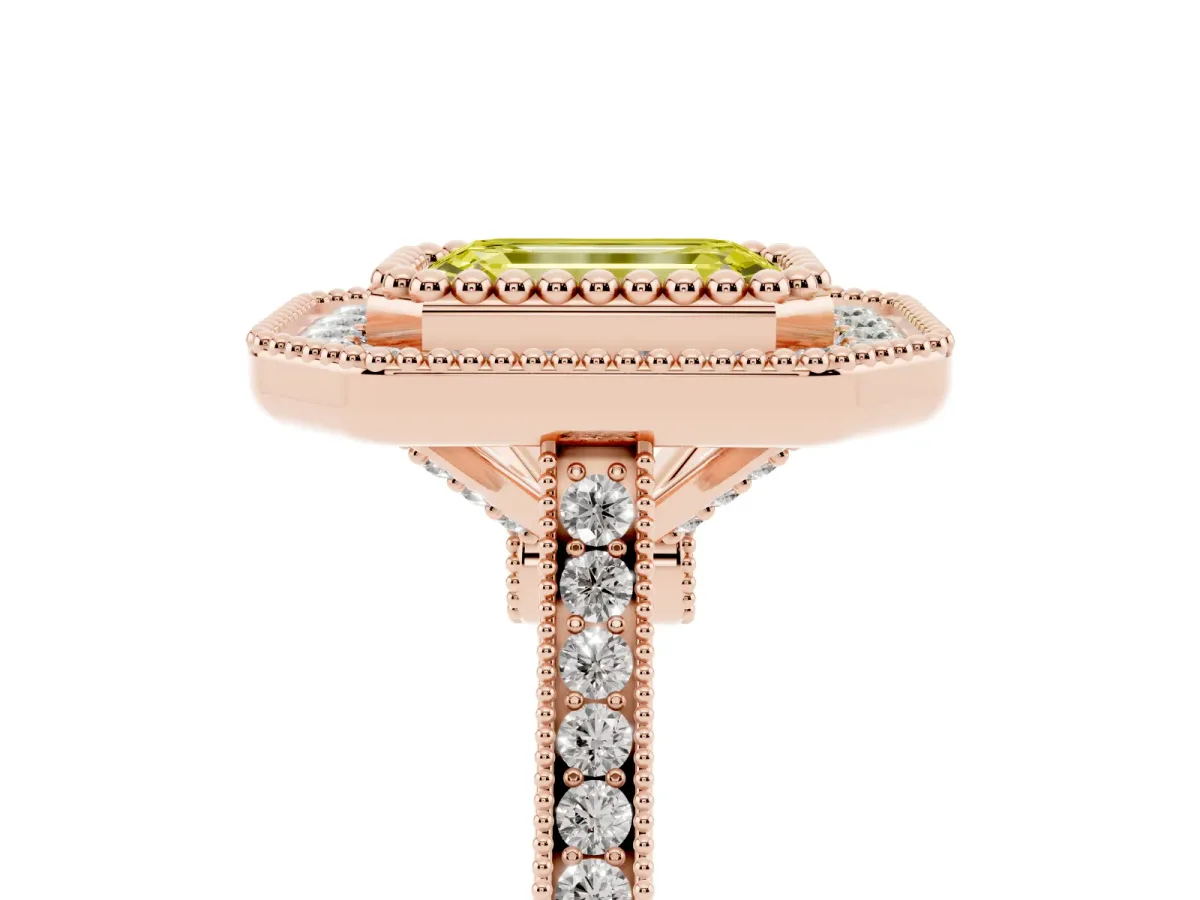 Fancy Yellow Emerald Cut Diamond Halo Ring with Milgrain Frame and Pavé Band Rose gold