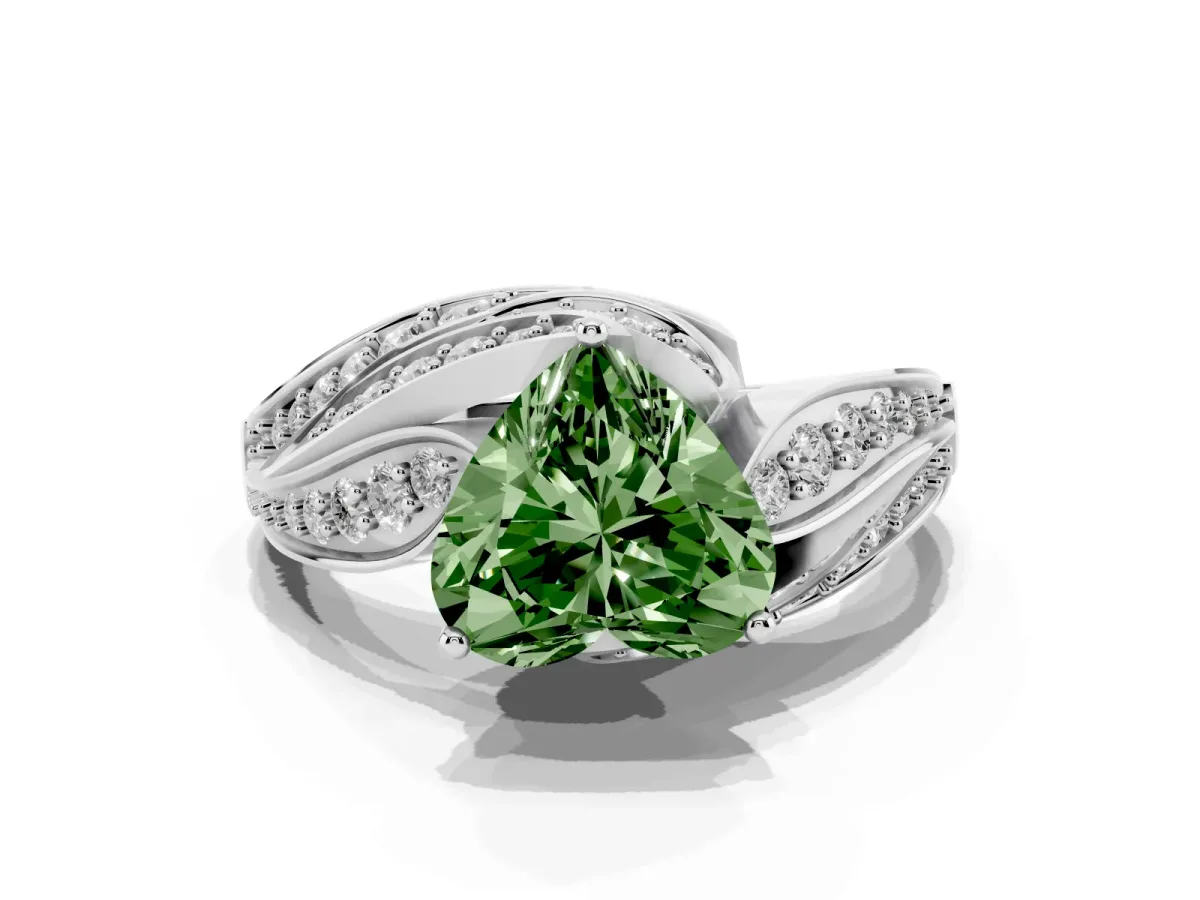 Fancy Green Heart Cut Diamond Solitaire Ring with Prong Setting and Twisted Pavé Band White gold