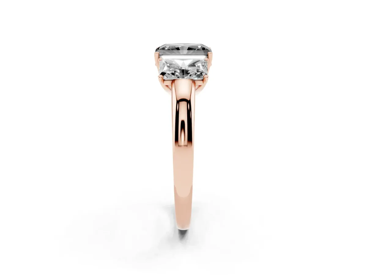 Fancy Black Radiant Cut Diamond Three-Stone Ring with Four-Prong Setting and Classic Band Rose gold