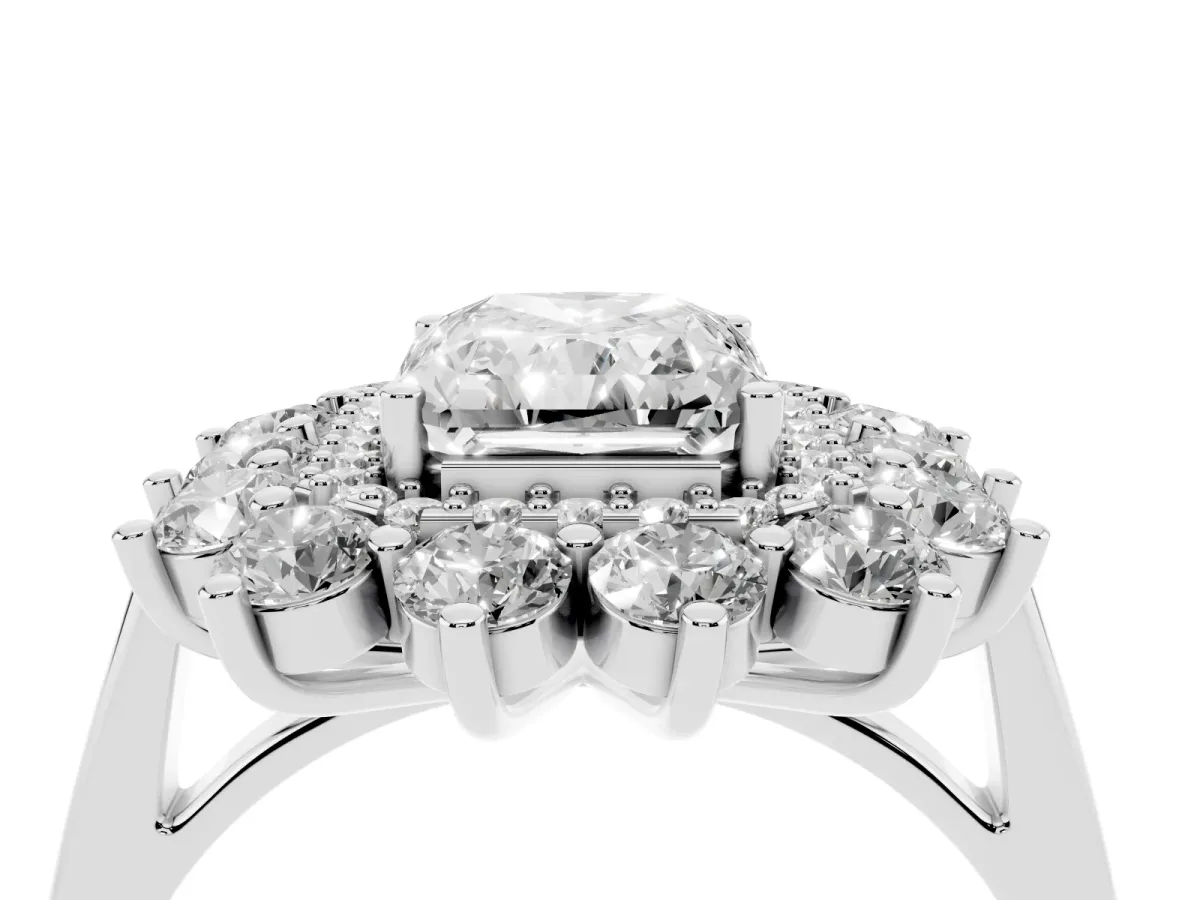 Radiant Cut Diamond Floral Double Halo Engagement Ring with Prong Setting White gold