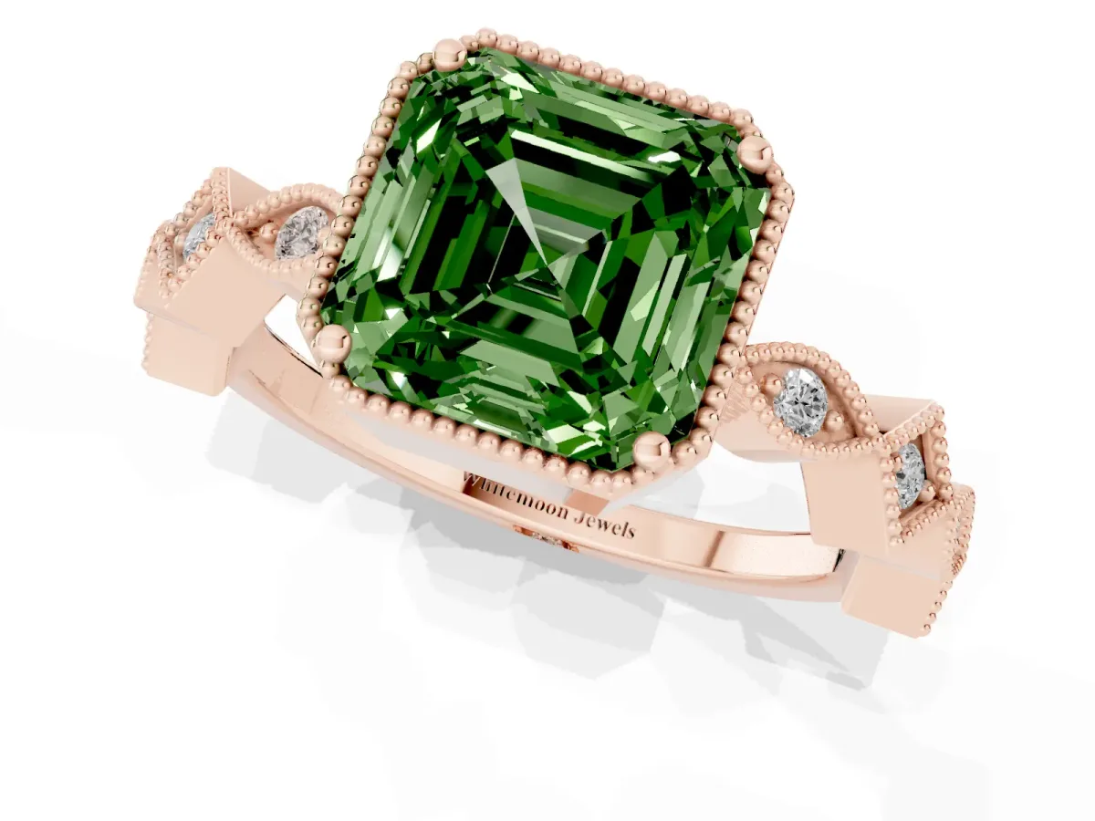 Fancy Green Asscher Cut Milgrain Marquise Diamond Twist Band Ring Rose gold