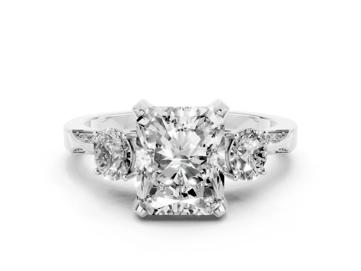 Radiant Cut Brilliant Three-Stone Diamond Ring with Pavé Band and Four-Prong Setting White gold